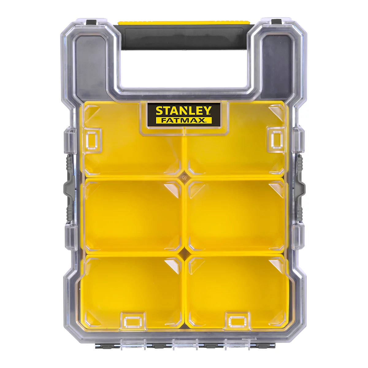 Yellow STANLEY FATMAX toolbox with transparent compartments and carrying handle.