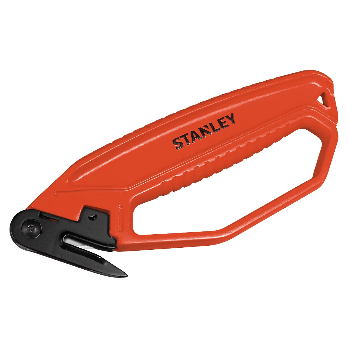Orange Stanley cutter. Black blade and handle. Text "STANLEY".
