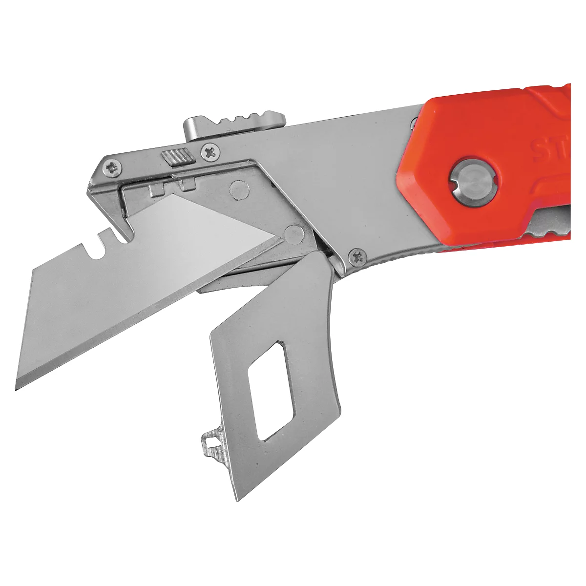 Detailed view of an extended silver utility knife with orange handle.