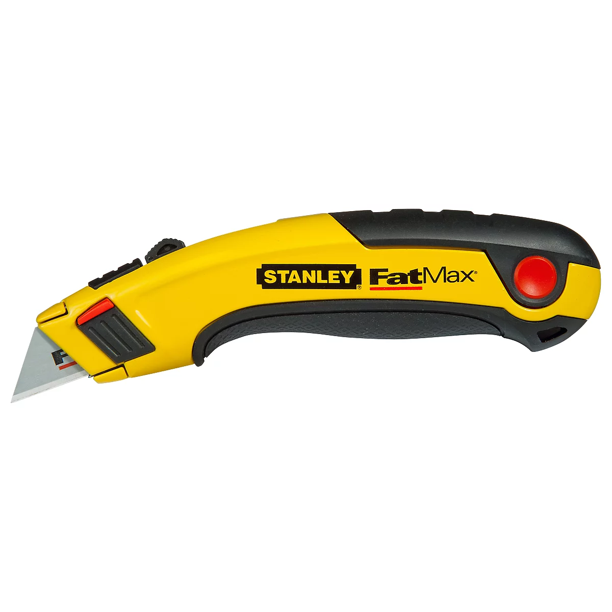 Yellow Stanley FatMax utility knife, black accents, red button.