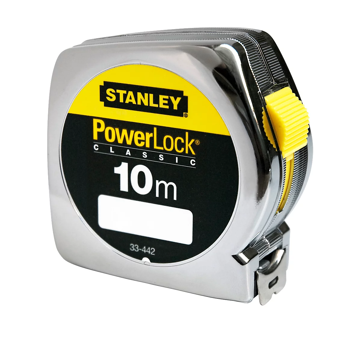 A silver STANLEY PowerLock tape measure. The yellow sticker reads "PowerLock Classic 10m". Yellow button for retraction.