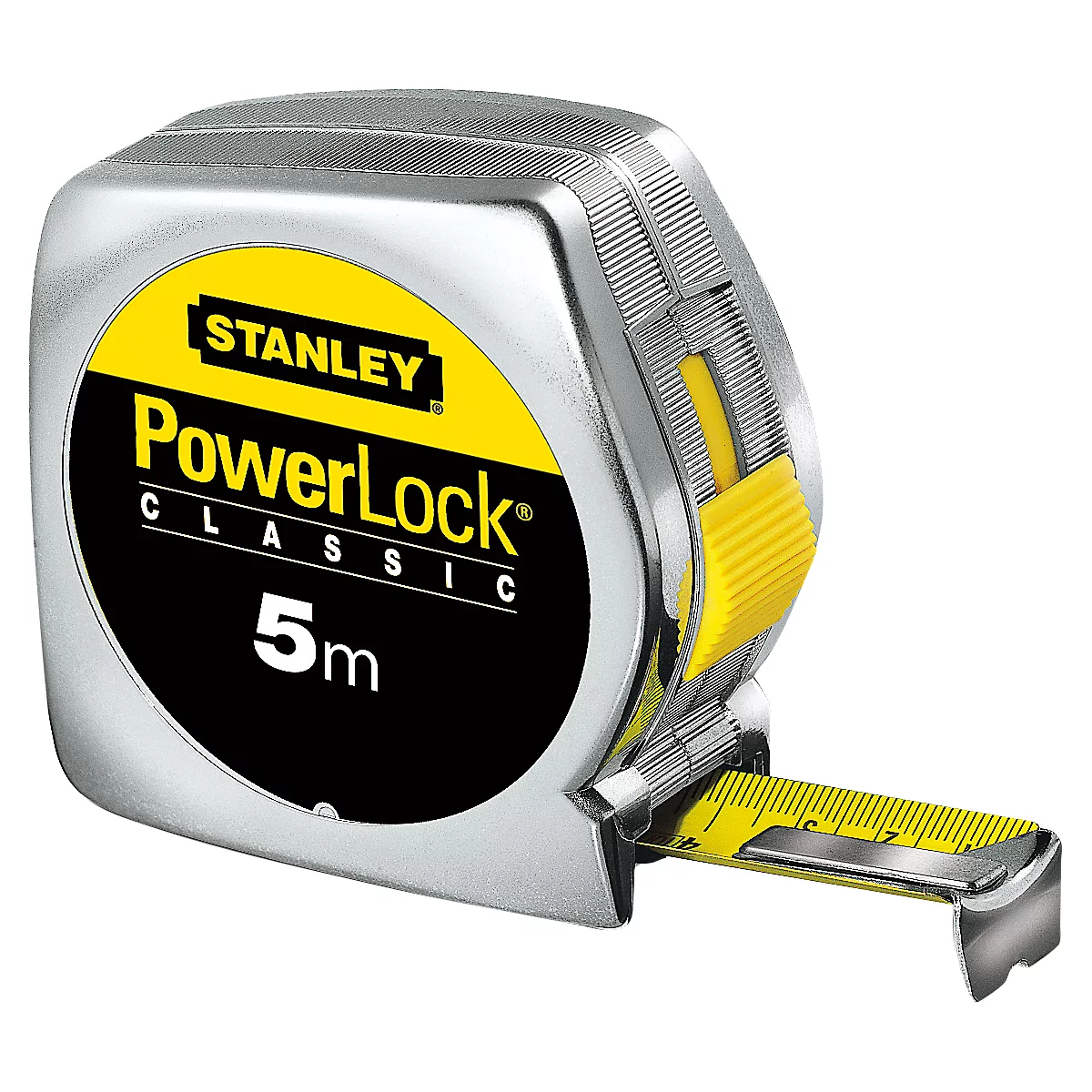 Silver Stanley PowerLock measuring tape. Yellow accent, tape pulled out, 5m. Black and yellow dial.