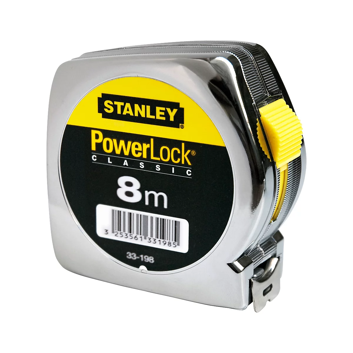 Chrome measuring tape with yellow dial, labeled Stanley PowerLock Classic, 8m.