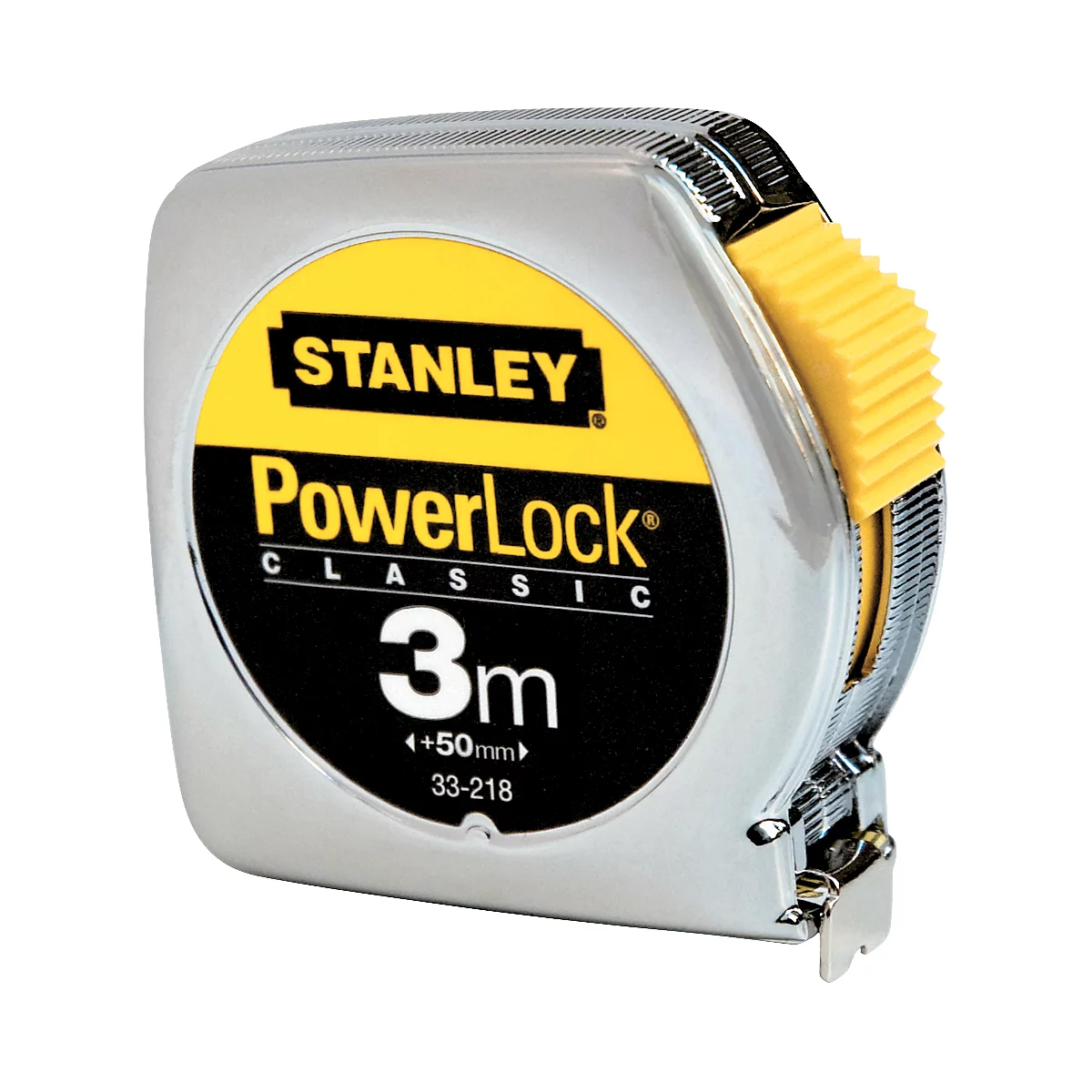 A silver, compact tape measure with yellow and black details. The dial reads "STANLEY PowerLock CLASSIC 3m."