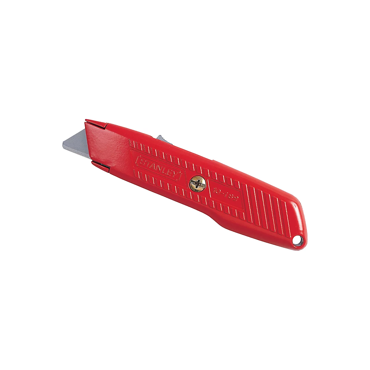 Red Stanley utility knife at an angle, blade extended. Manufacturer logo and model name on the handle.