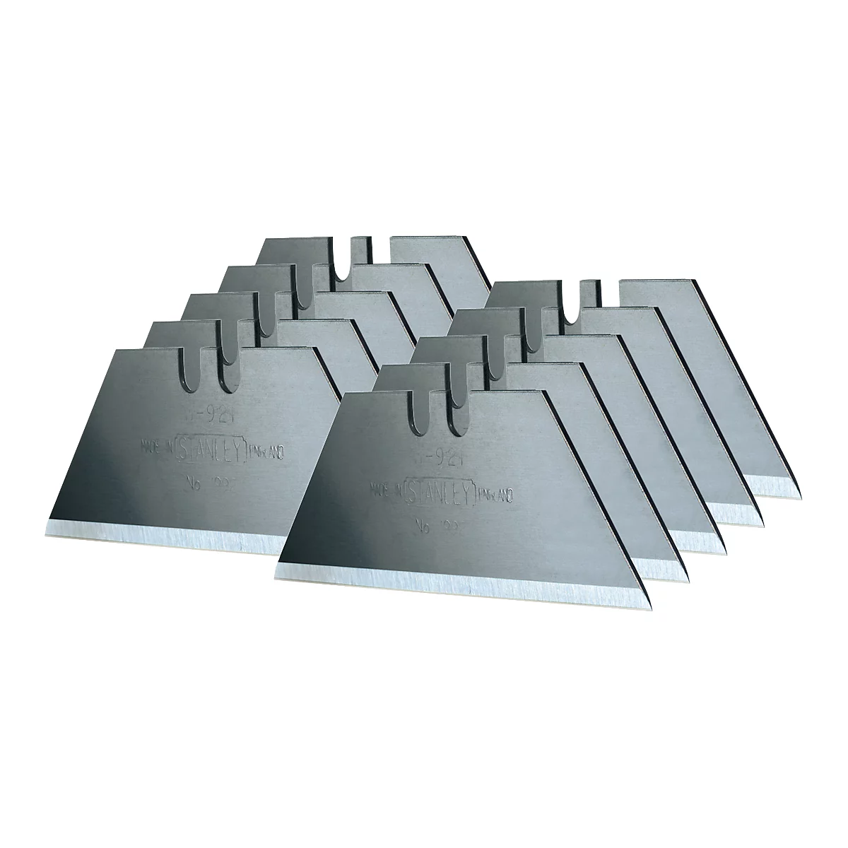 Several metal blades arranged in a row, showing sharp cutting edges.