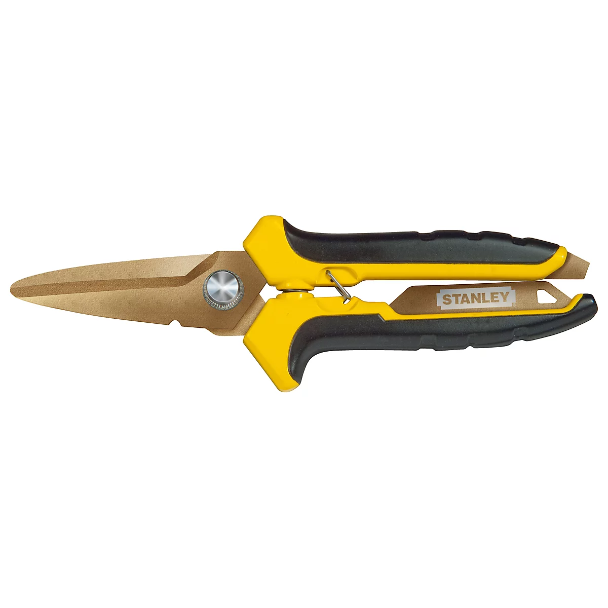 Scissors with yellow and black handles and gold-colored blades. The word 'STANLEY' is visible.