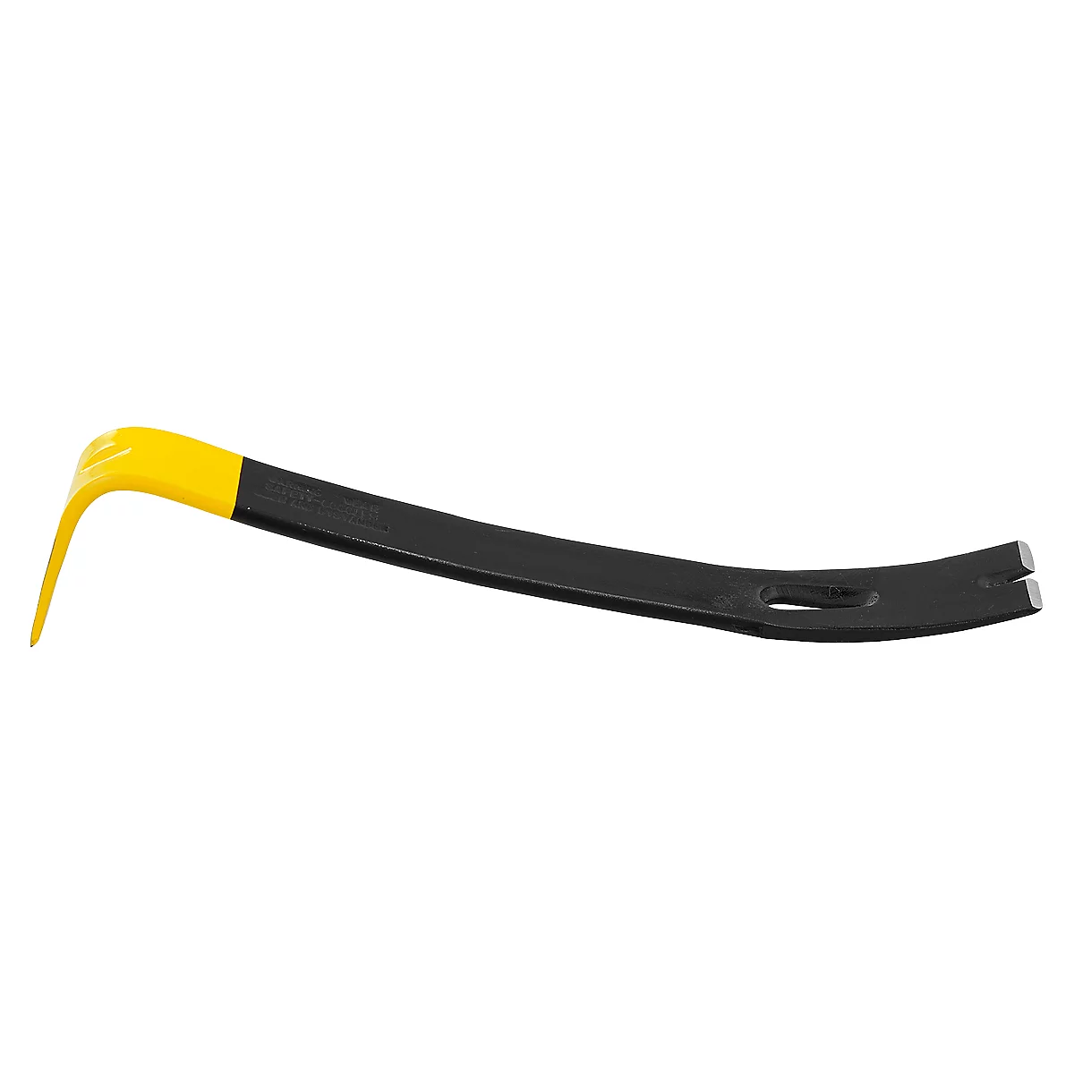 A crowbar, black with a yellow handle, lying across, top view.