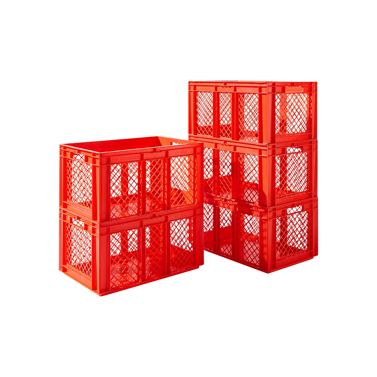 Stapelbak Euro EF 6321 - polypropeen - L 600 x B 400 x H 320 mm - 63,7 l - geperforeerde wanden - open handgrepen - rood - voordelig set: 5 stuks