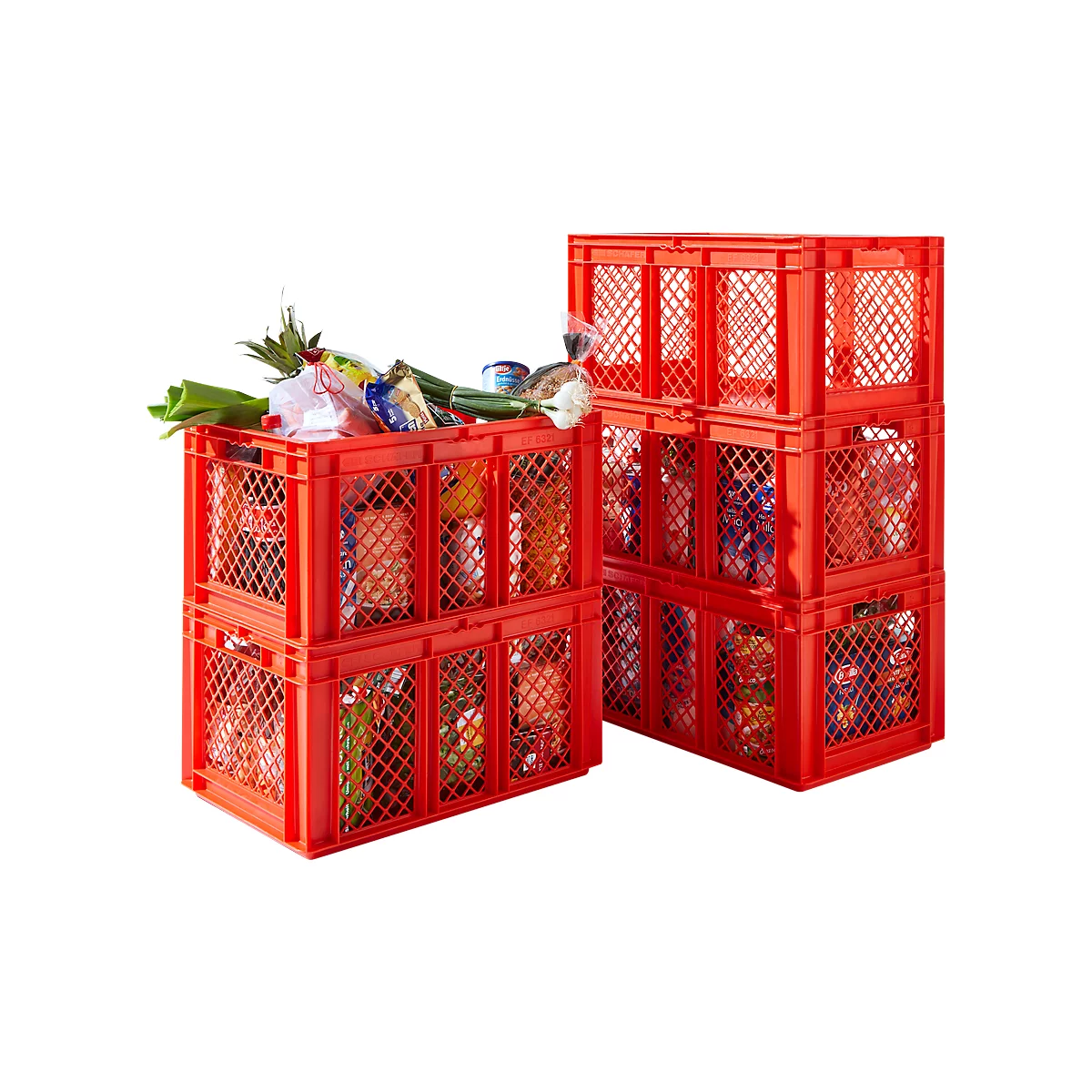 Stapelbak Euro EF 6321 - polypropeen - L 600 x B 400 x H 320 mm - 63,7 l - geperforeerde wanden - open handgrepen - rood - voordelig set: 5 stuks
