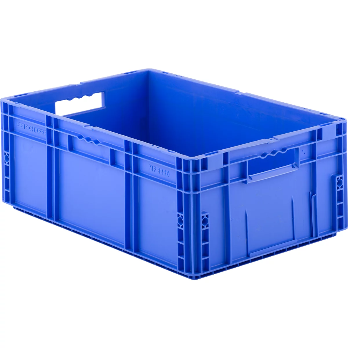 Blauwe kunststof box met handvat openingen.