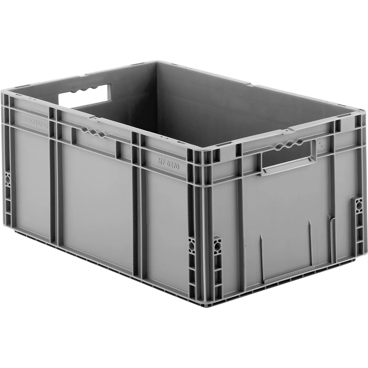 Grijze plastic box met handgreepopeningen. Zijdelingse verstevigingen en de rondom lopende steunen zijn duidelijk zichtbaar.