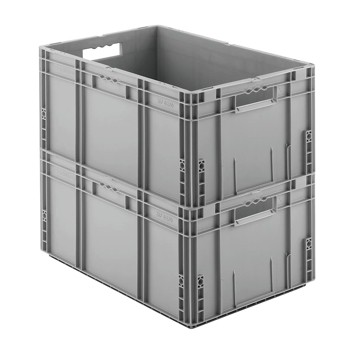 Twee grijze plastic containers, op elkaar gestapeld, met handvatten en verticale stutten.