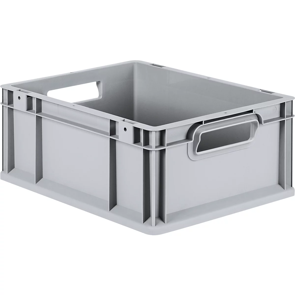 Grijze, rechthoekige kunststof transportbox met open handgrepen aan de zijkanten op een neutrale achtergrond.