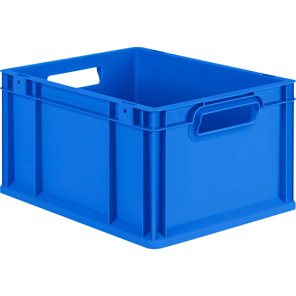 Lege, rechthoekige blauwe kunststof krat met stevige handgrepen aan de zijkanten.