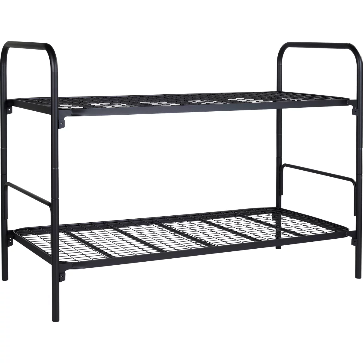 Zwart metalen stapelbed met twee niveaus. Elk niveau heeft een rechthoekig frame met een gaas bevestigd.