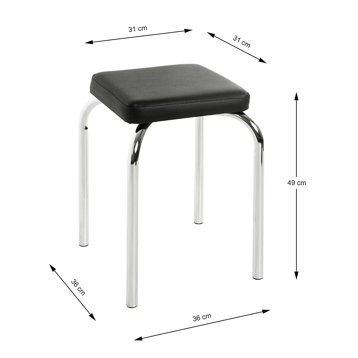 Hocker mit schwarzem Sitz, verchromten Beinen, Maße angegeben: 31x31x49 cm. Unteres Maß 36 cm.