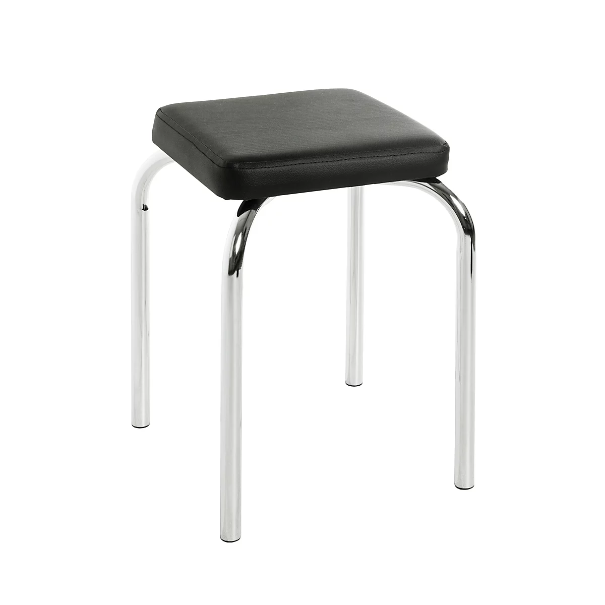 Hocker mit quadratischer, schwarzer Sitzfläche und verchromten Metallbeinen.