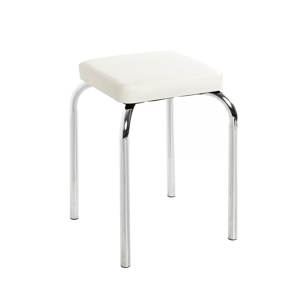 Hocker mit cremefarbenem Sitz und verchromtem Metallgestell.