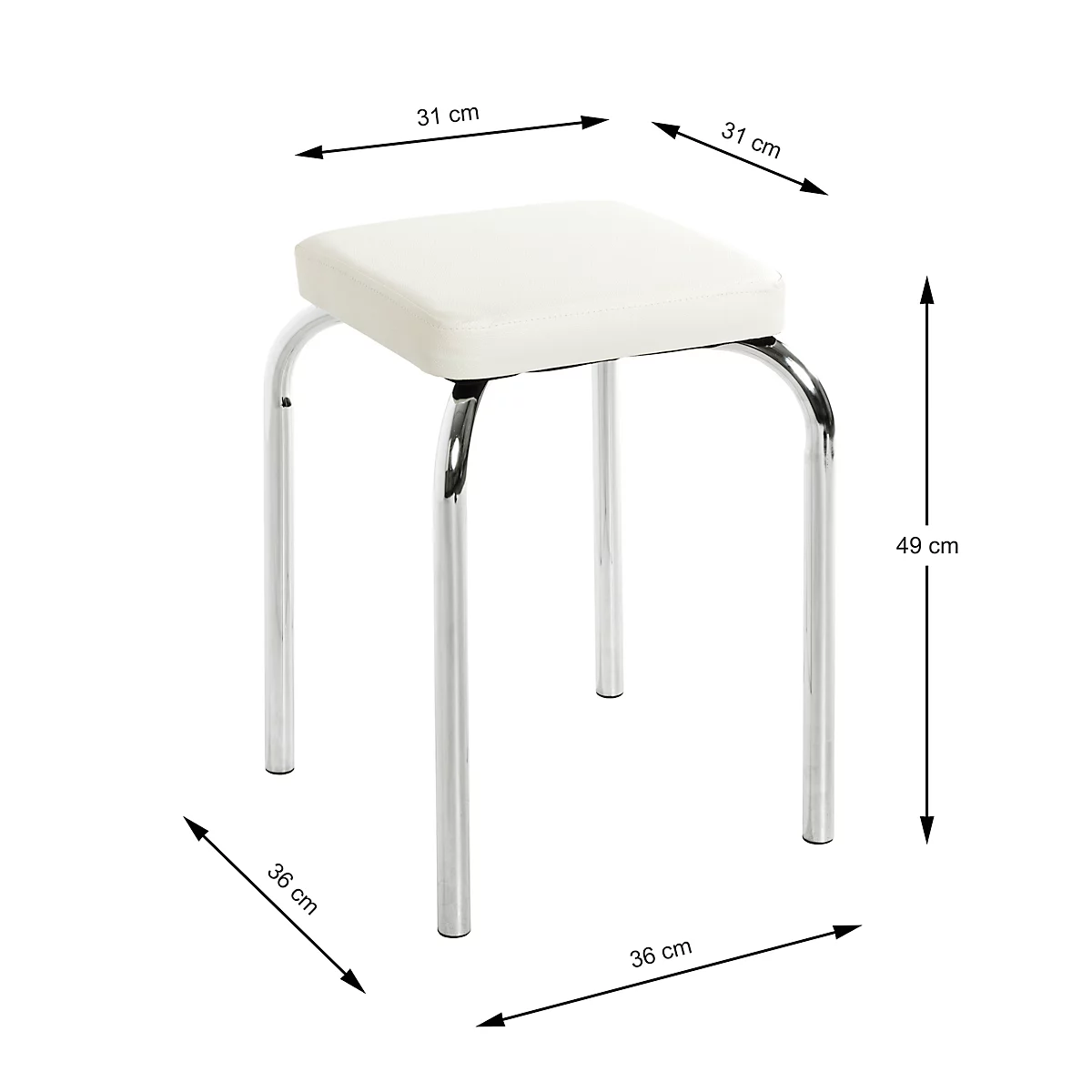 Hocker mit quadratischer, cremefarbener Sitzfläche und verchromtem Gestell. Maße sind angegeben.