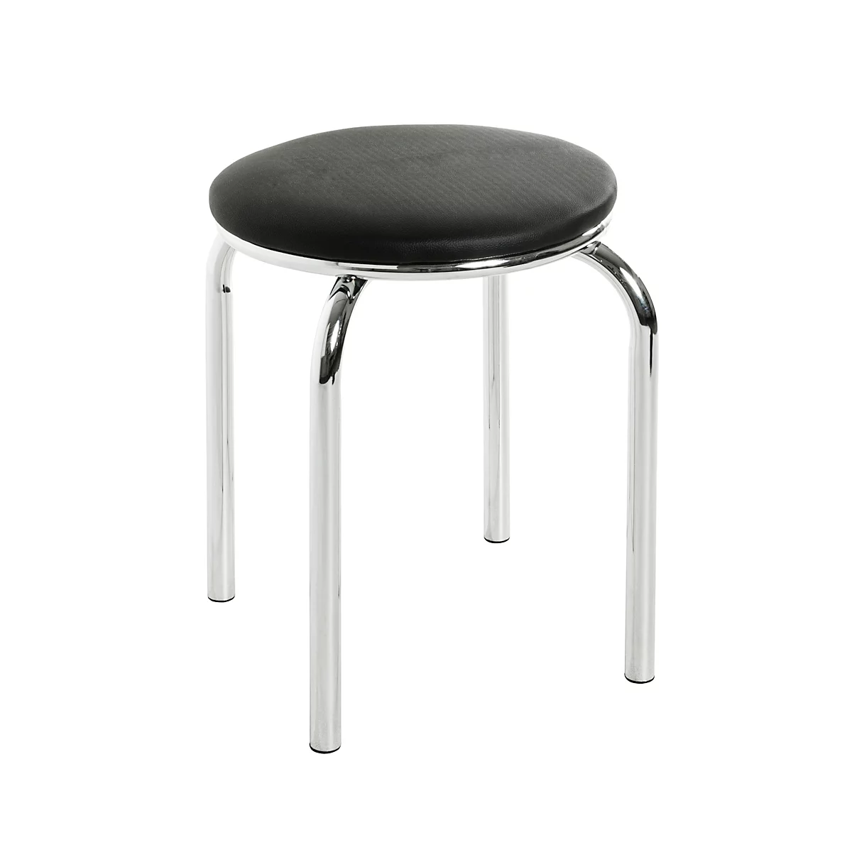 Ein schwarzer Hocker mit runder Sitzfläche und verchromten Metallbeinen.
