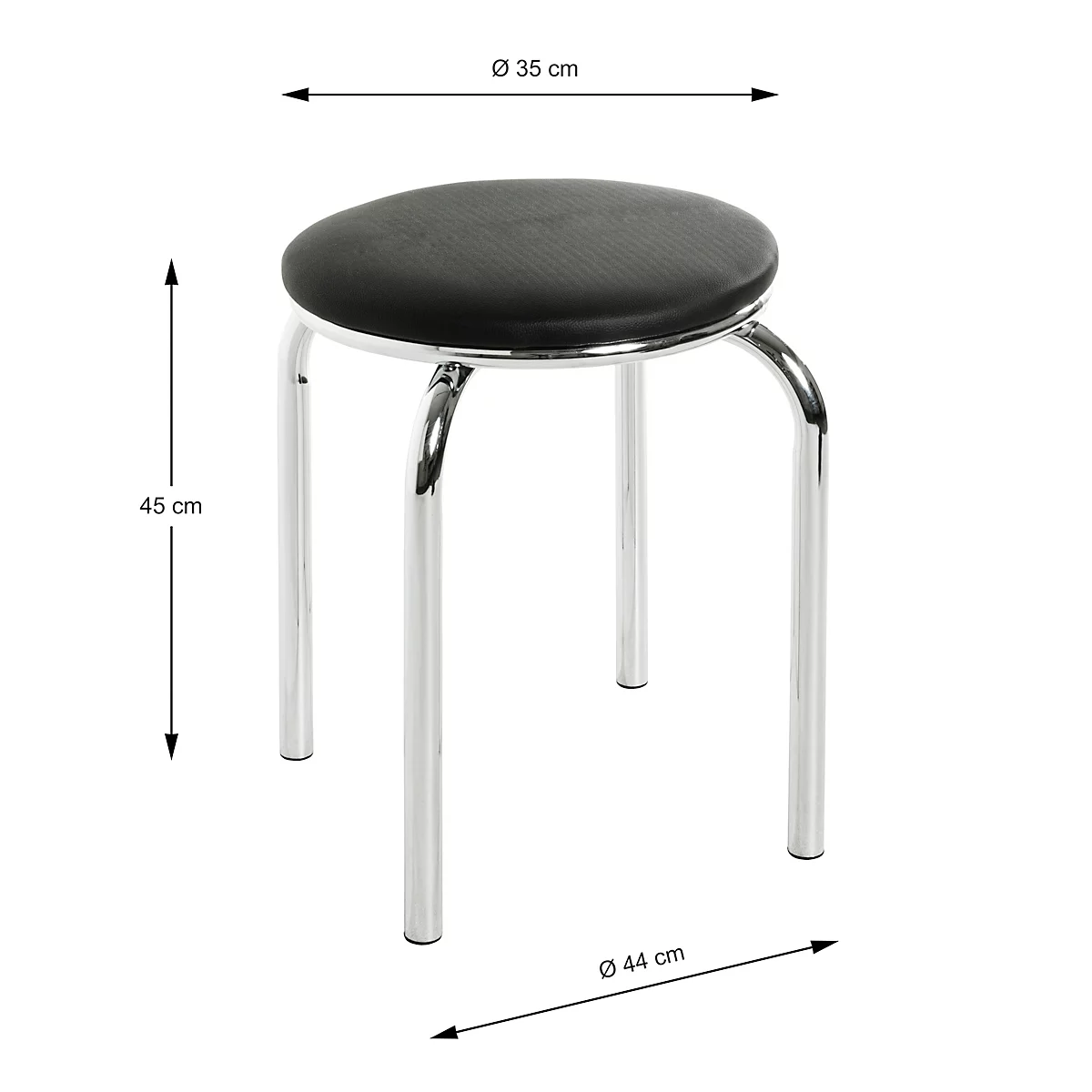 Ein Hocker mit rundem, schwarzem Sitz, Chrombeinen und Maßangaben.