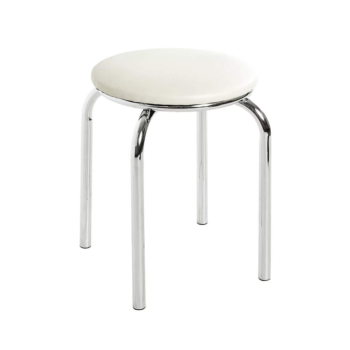 Ein weißer Hocker mit einer runden Sitzfläche und verchromten Beinen. Der Hocker steht auf einem weißen Hintergrund.