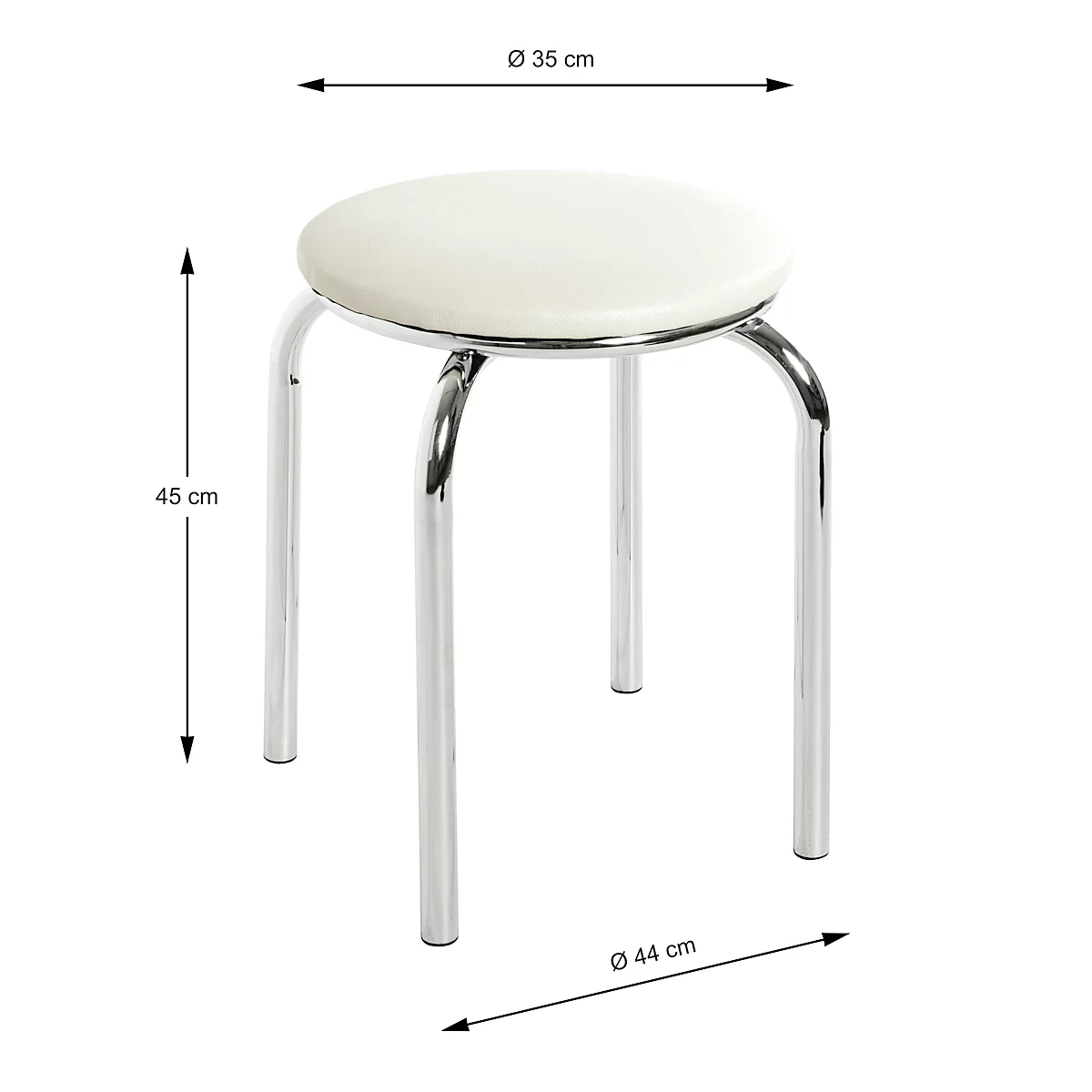 Weißer Hocker mit verchromten Beinen, Maße: Ø 35 cm, 45 cm hoch, Ø 44 cm. 