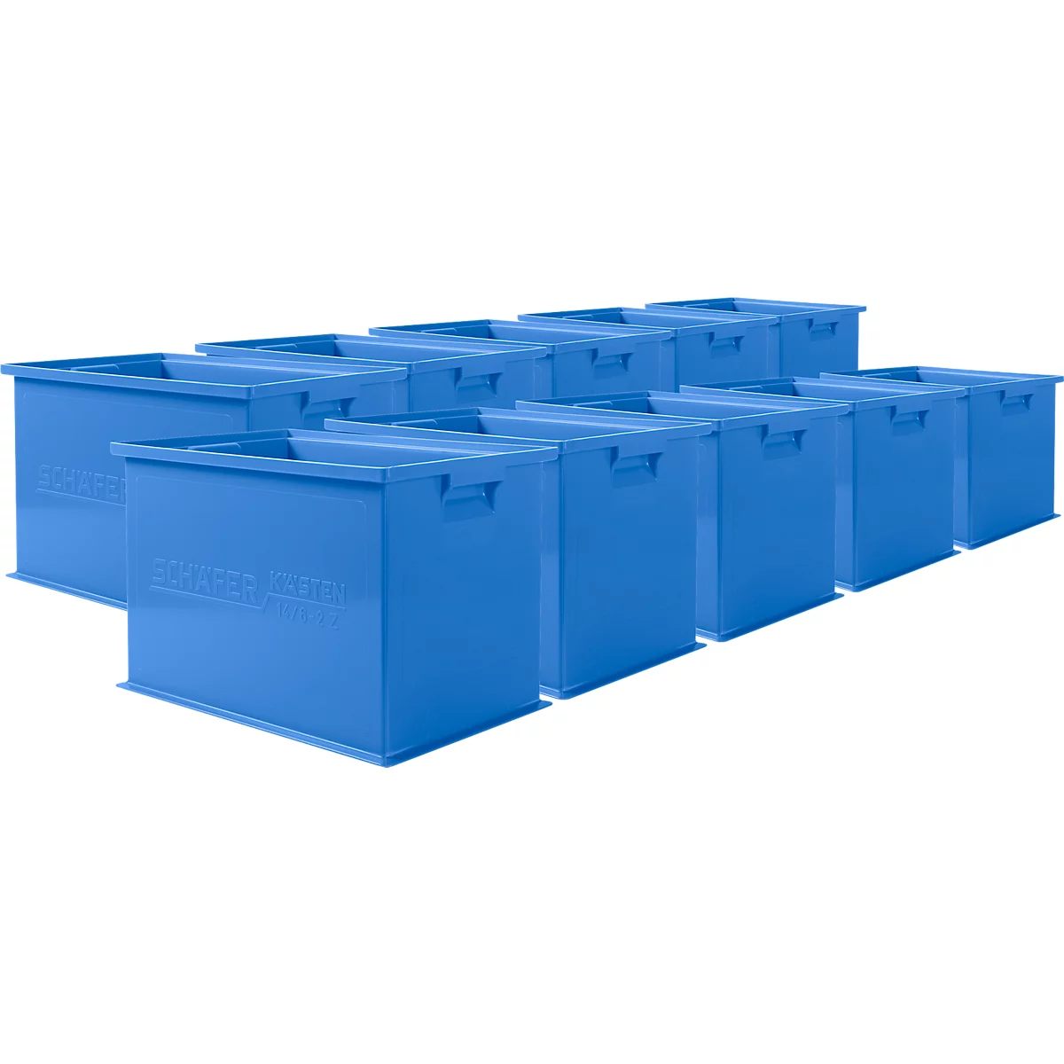 Reihe blauer Container mit Griffen und Schriftzug.