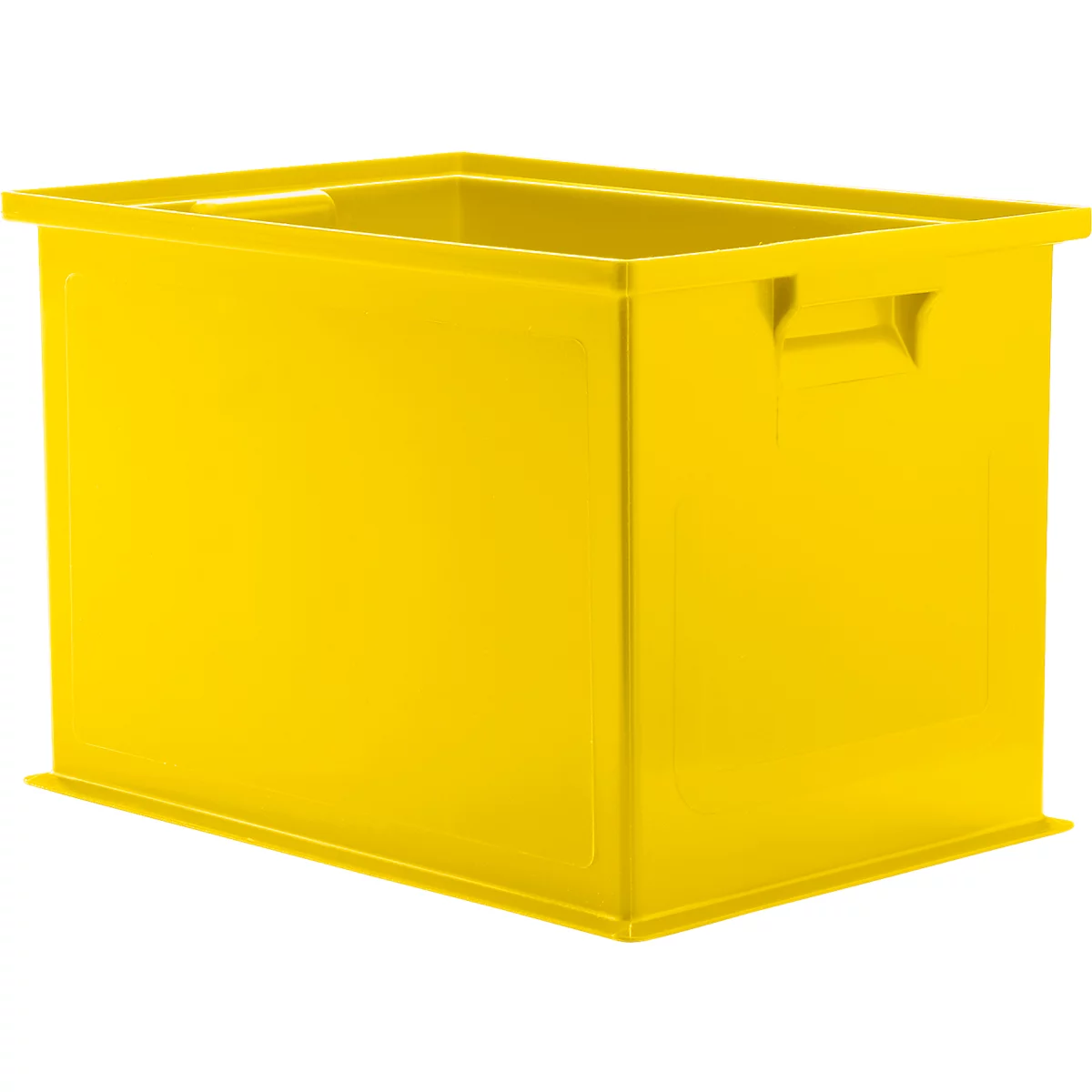 Gelbe Kunststoffbox mit Griffen. Aufrecht stehend vor neutralem Hintergrund.