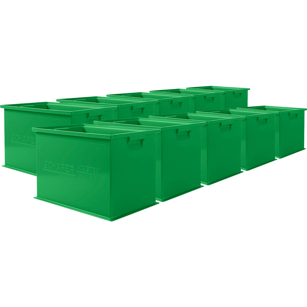 Grüne Kunststoffboxen gestapelt. Einige sind leicht schräg gestellt, um die Beschriftung zu zeigen.