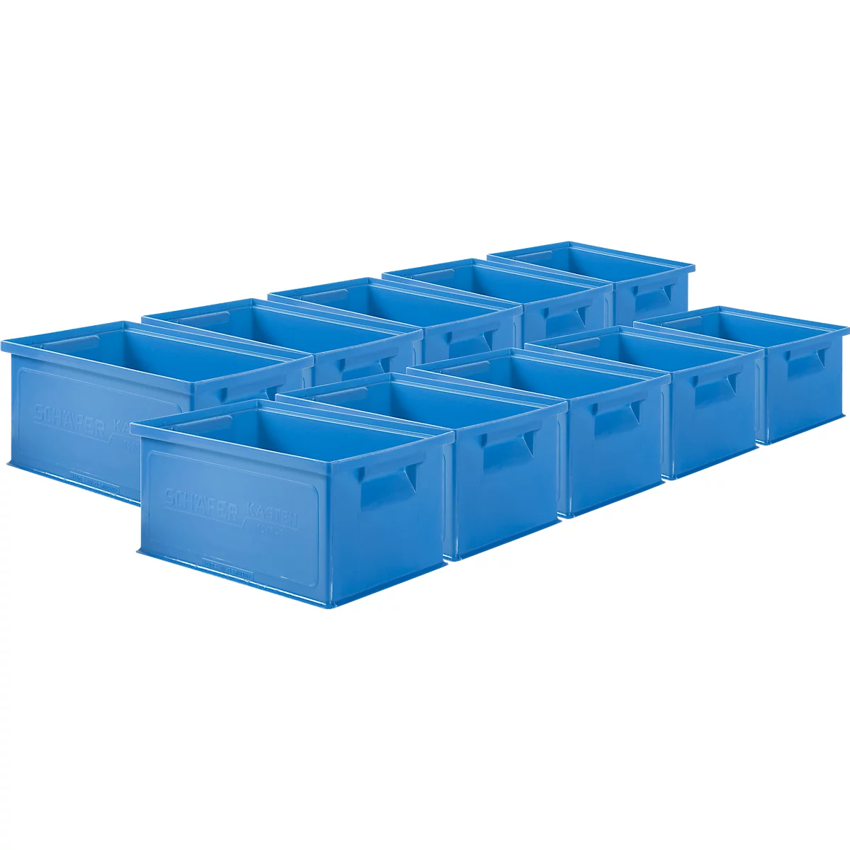 Hellblaue Kunststoffboxen, gestapelt. Die Boxen sind rechteckig mit Griffen.