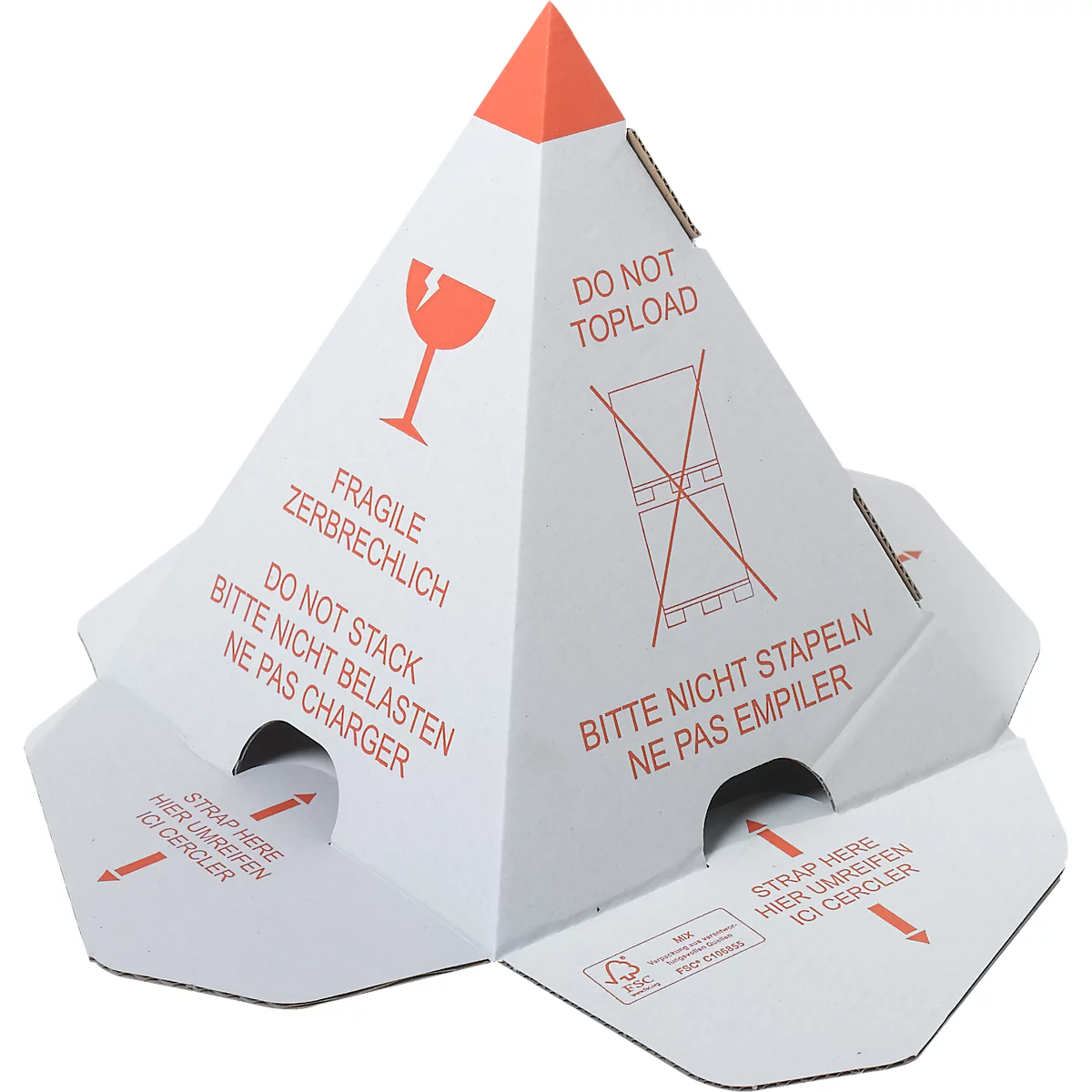 Pyramidenförmige Verpackung mit Warnhinweisen: zerbrechlich, nicht stapeln, oben. Orange Spitze, roter Text.
