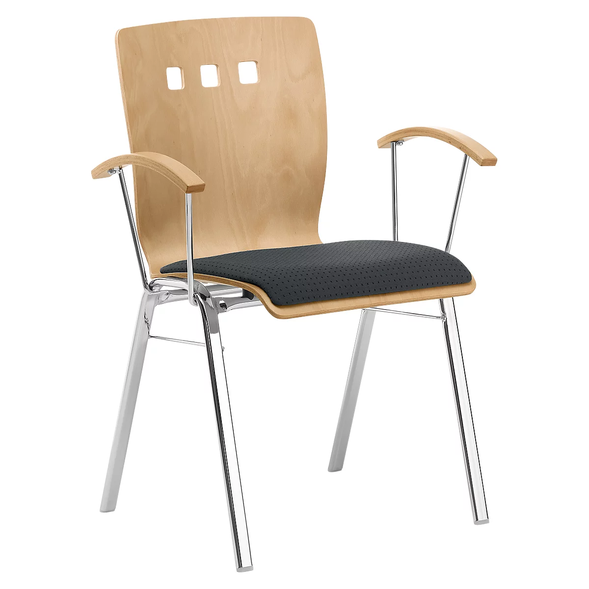 Stapelstoel 7450, voorgevormde zitting, lordosesteun, designgaten, met armleuningen, bekledingsstof Point/Trevira CS, grijs
