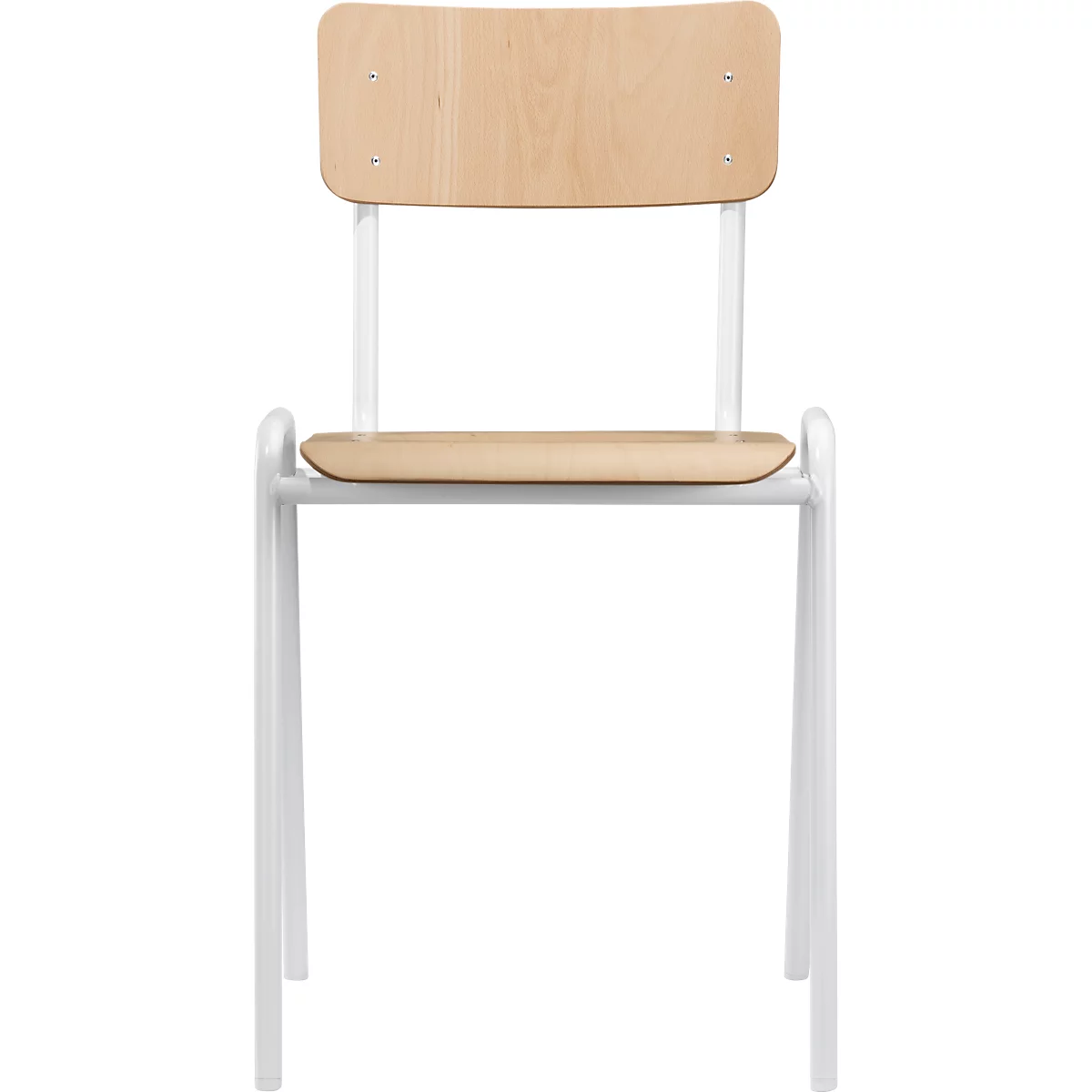 Een stoel met houten rugleuning en zitting, wit frame, tegen een witte achtergrond.