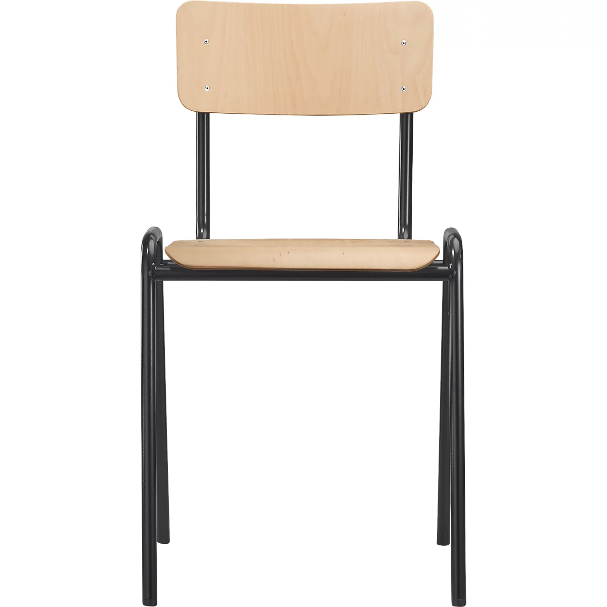 Stoel met houten rug en zitting, zwart metalen frame. Vooraanzicht.