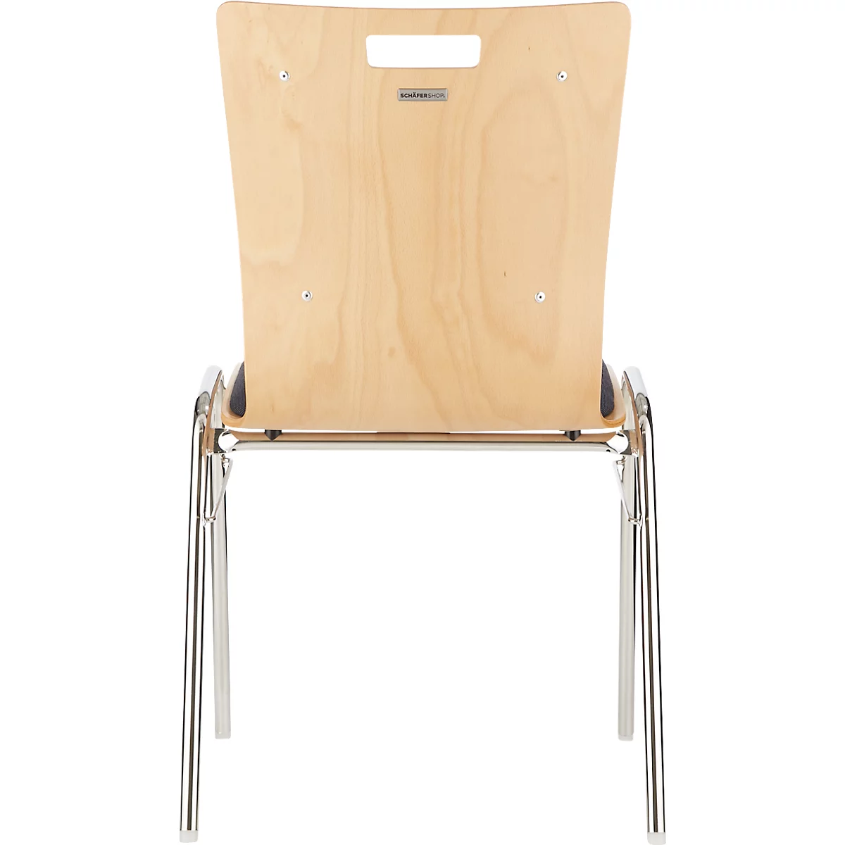 Stoel van achteren: houten rugleuning met handvatgat, verchroomd frame.