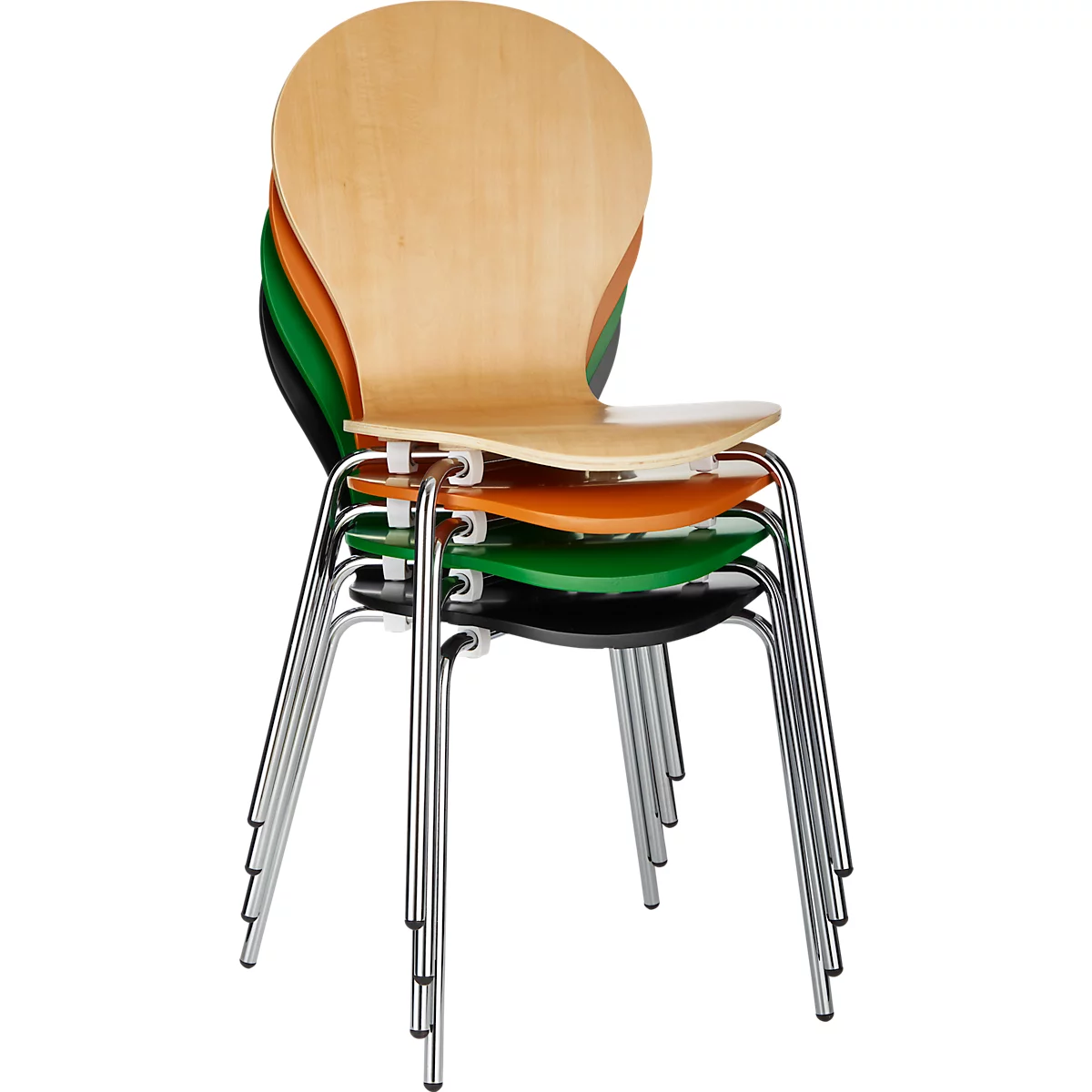 Stapelstuhl, 4er Set, B 470 x T 440 x H 450 mm, stapelbar bis 4 Stück, Holz & Stahlrohr verchromt, natur