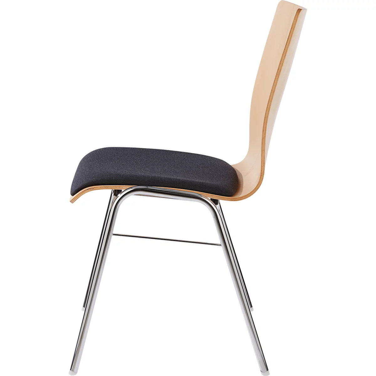 Stuhl mit Holzlehne und schwarzem Sitz, verchromtes Gestell. Seitenansicht.
