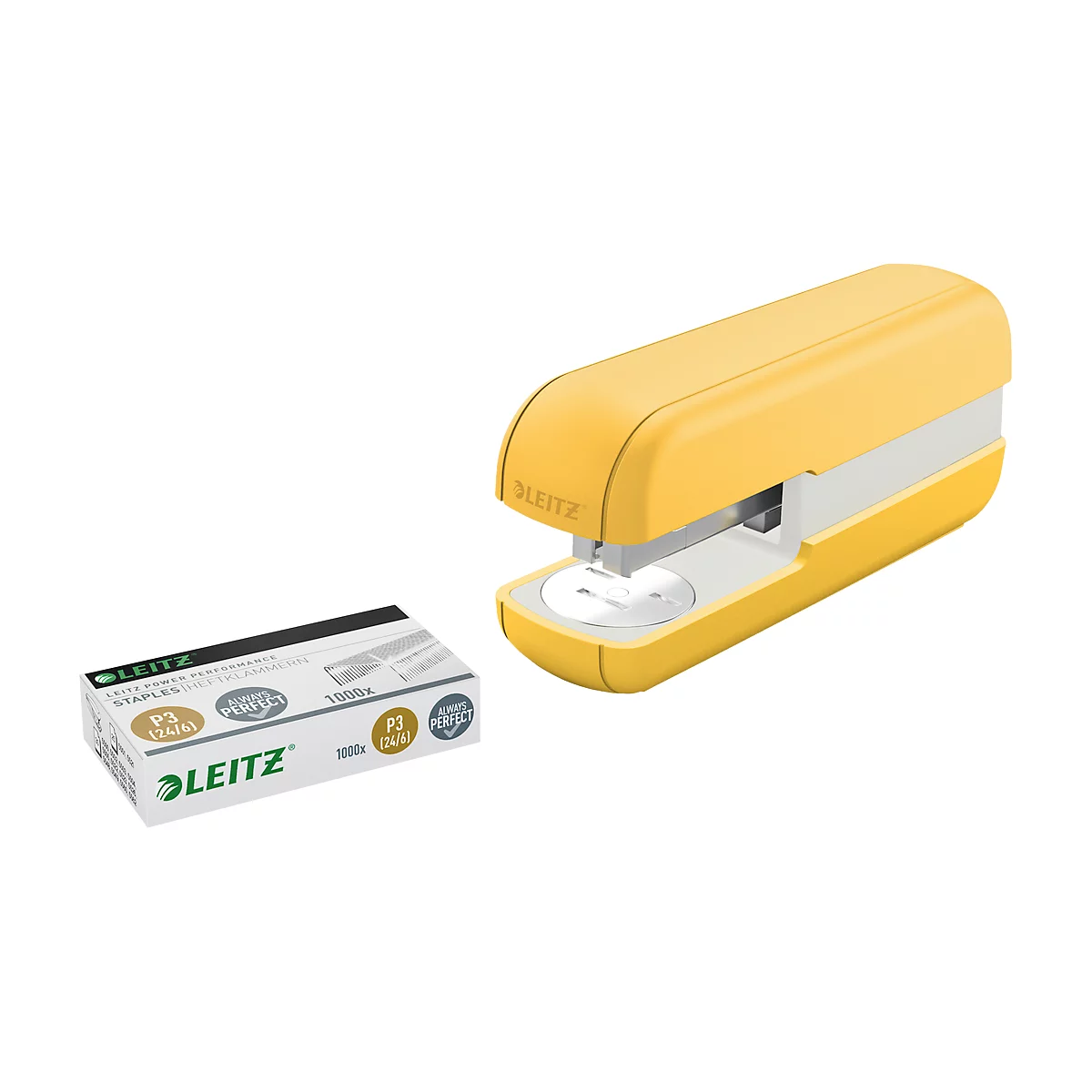 Yellow stapler and staples on a white background. The stapler has white accents and the LEITZ logo.