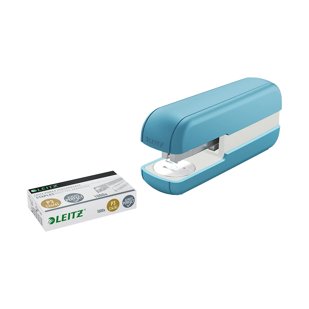 Light blue stapler and staple box from Leitz. The stapler is placed next to the box.