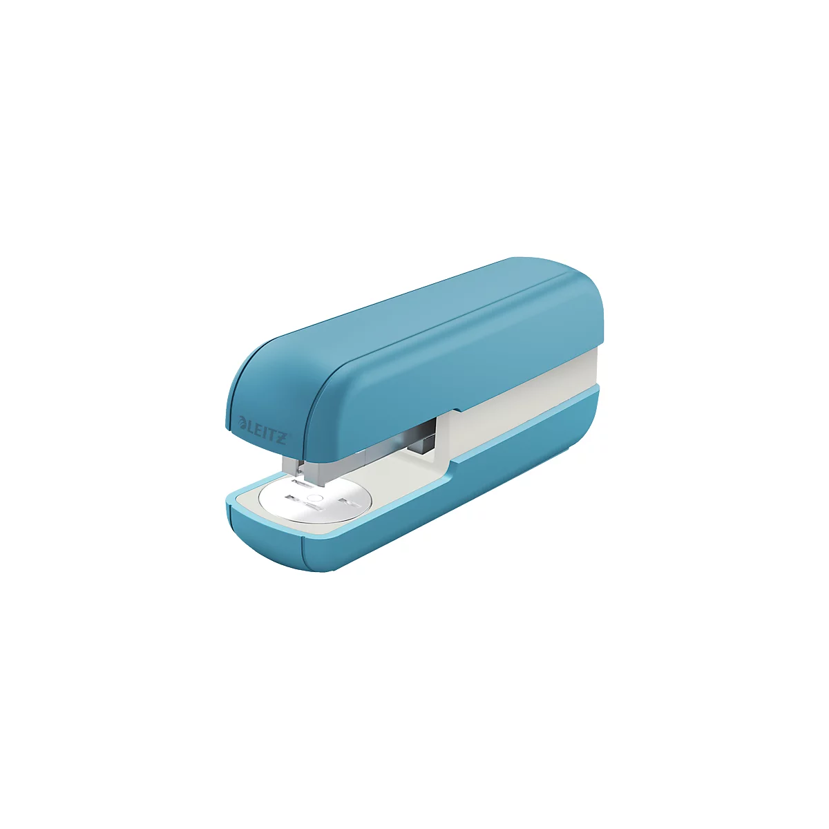 Light blue stapler with white insert, Leitz brand.
