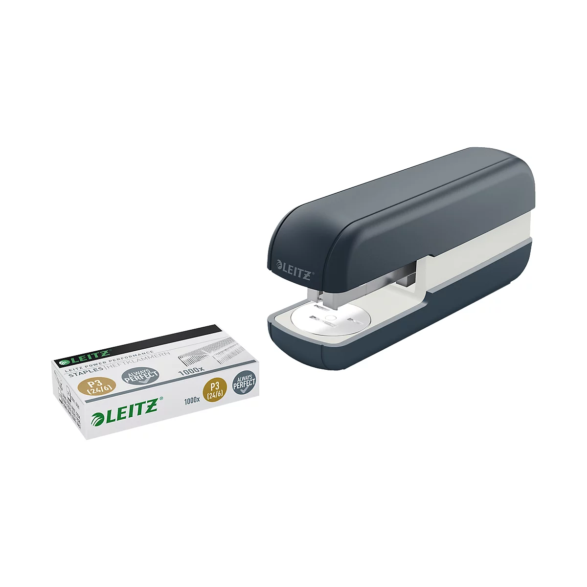 Dark blue and white stapler next to a box of staples. The stapler has the Leitz logo.