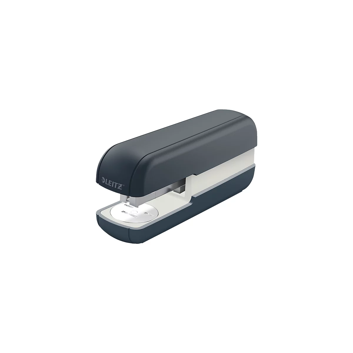 Dark blue stapler with Leitz logo and white middle part.