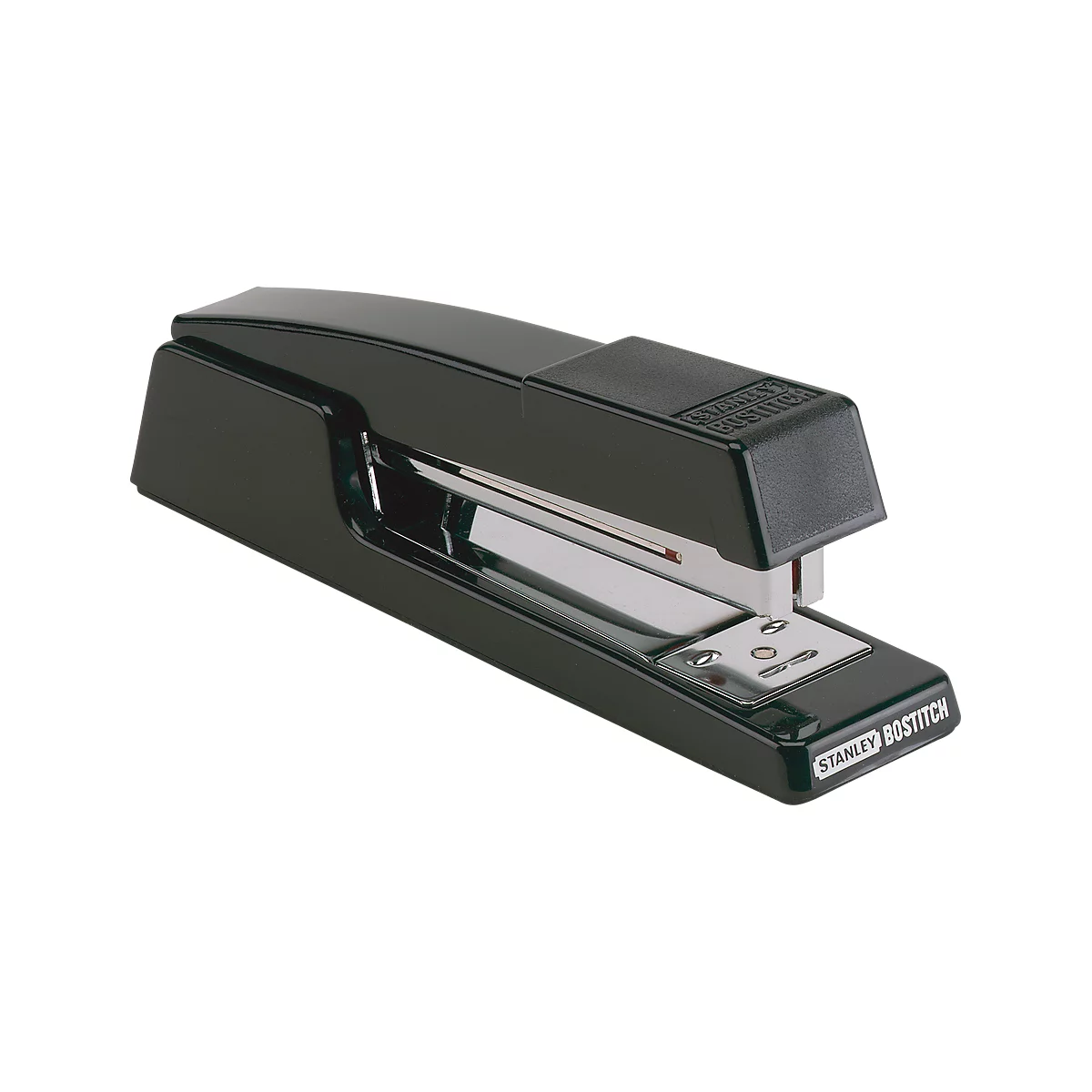 Black stapler, by Stanley Bostitch. The stapler rests diagonally on a white surface.