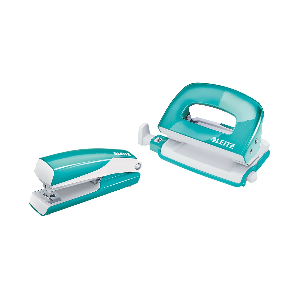 Turquoise stapler and hole punch of the Leitz brand.