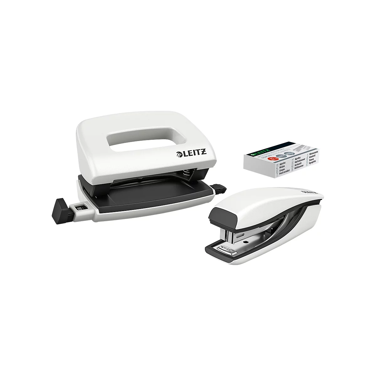White hole punch, stapler and staples box with black element. The products are from Leitz.