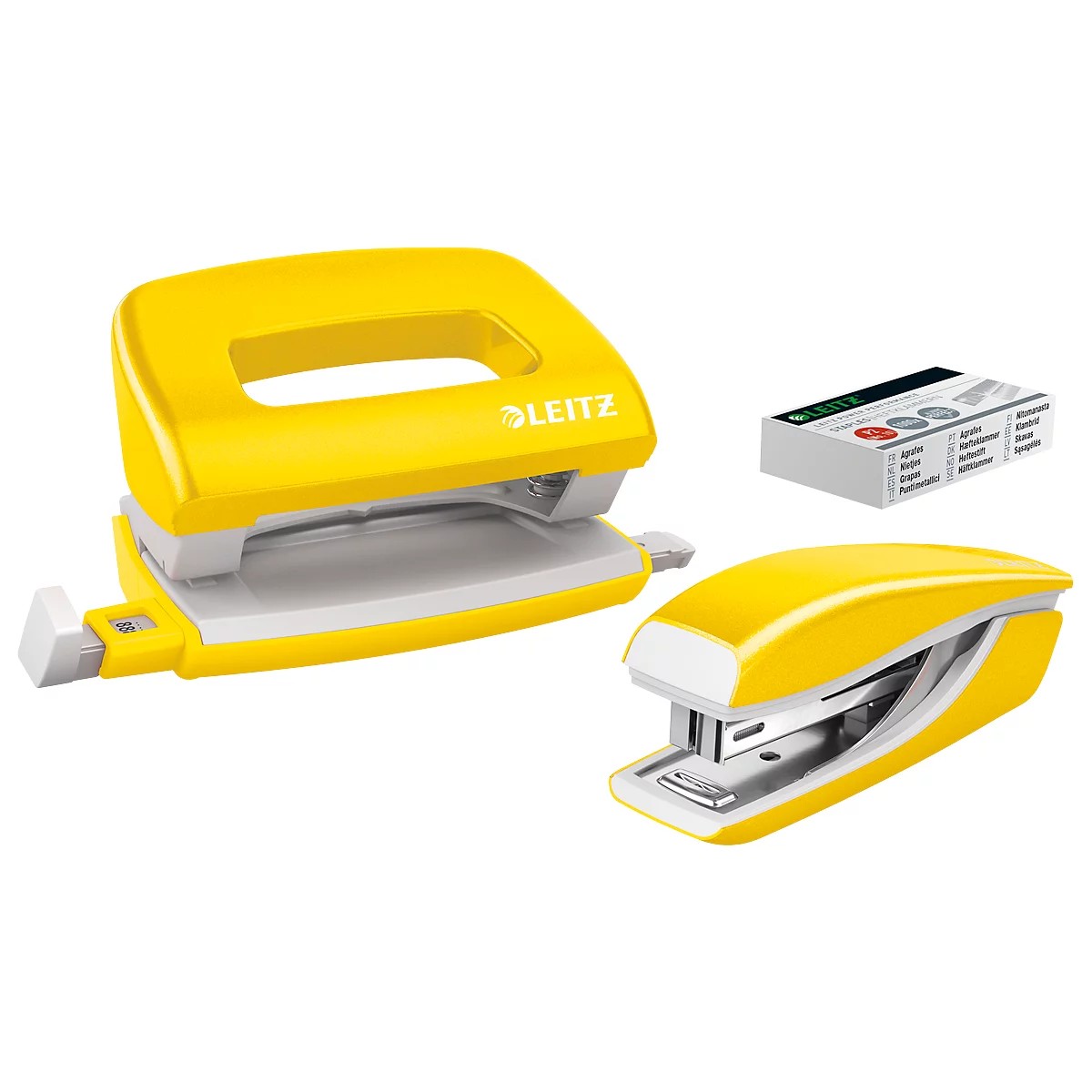 Yellow Leitz staplers, hole punch and stapler on white background.