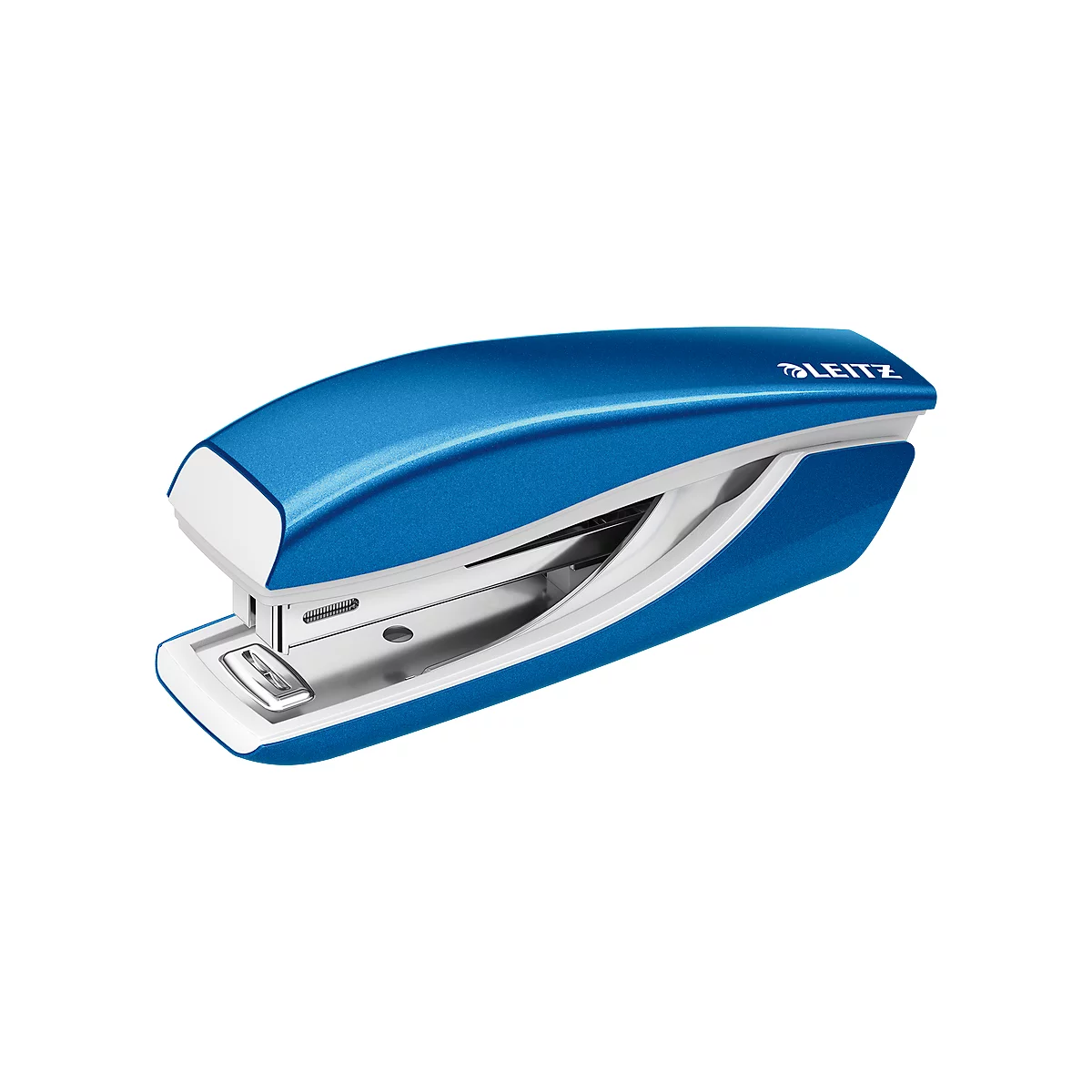 Blue stapler with white border, Leitz brand. Detailed shot.