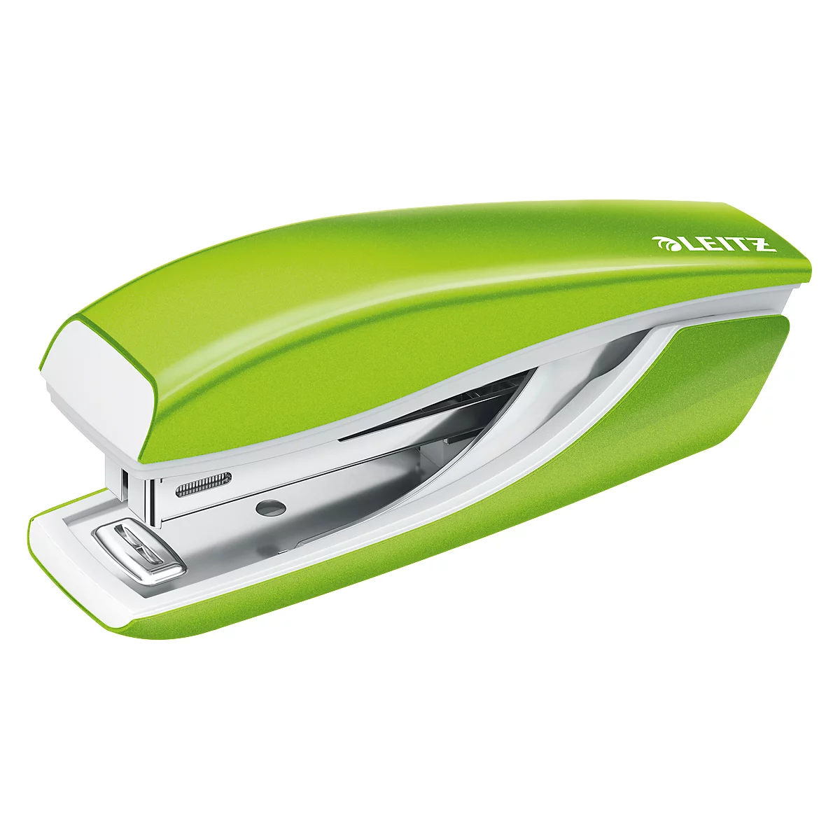 Green stapler, Leitz brand, with white accent line.